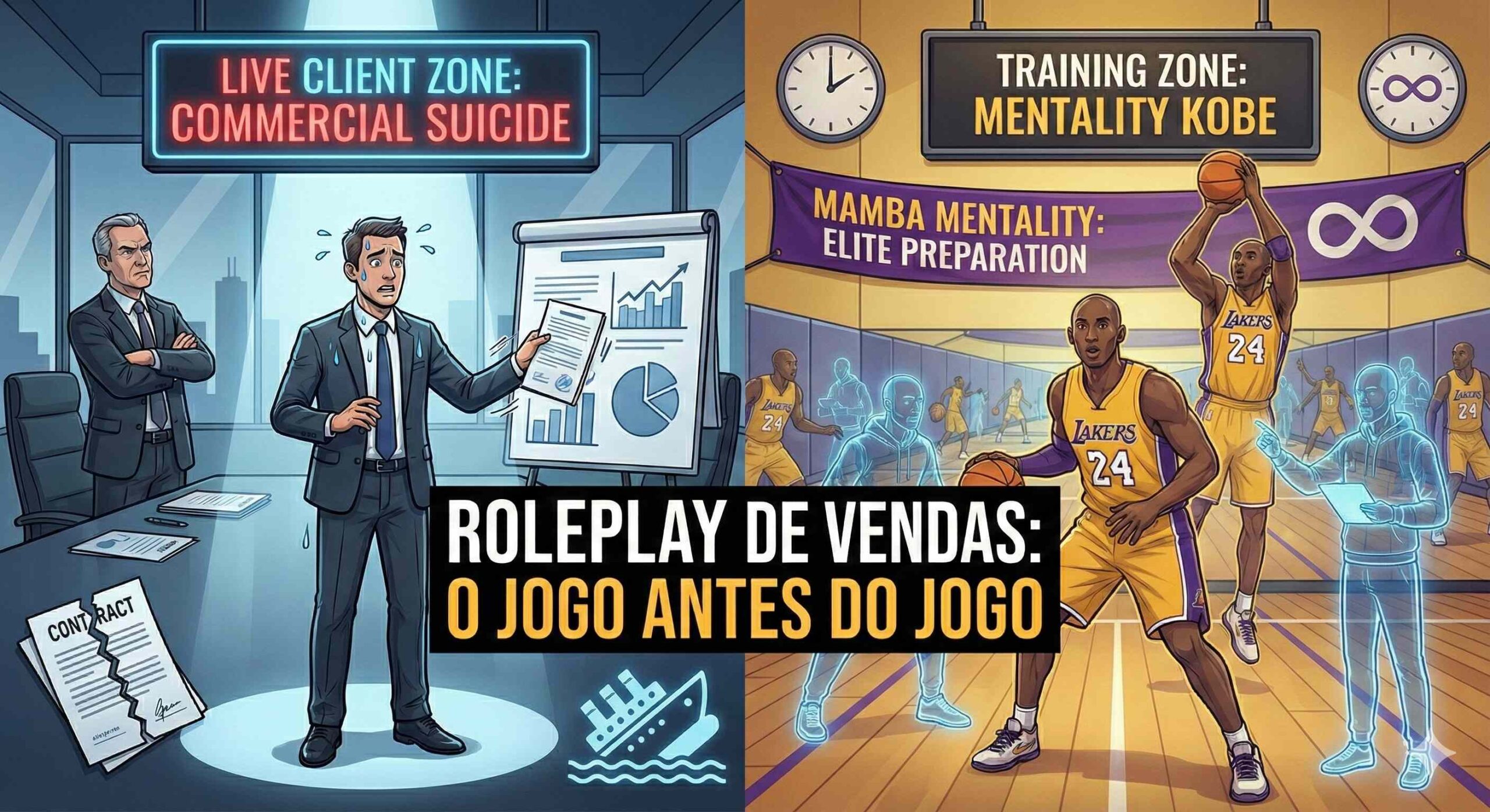 Roleplay de Vendas: Por que treinar na frente do cliente é suicídio comercial. A Mentalidade Kobe Bryant