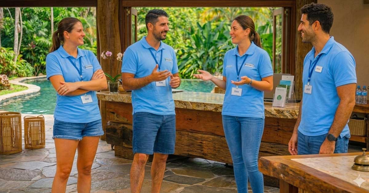 Equipe de atendimento ao cliente em treinamento, conversando sorridente na recepção de um resort à beira da piscina, com área verde ao fundo.