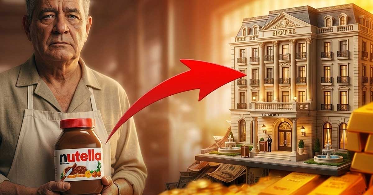 Imagem de uma pessoa segurando um pote de Nutella com uma ilustração de um hotel em miniatura ao fundo, destacando a conexão entre Nutella e hotel de luxo.