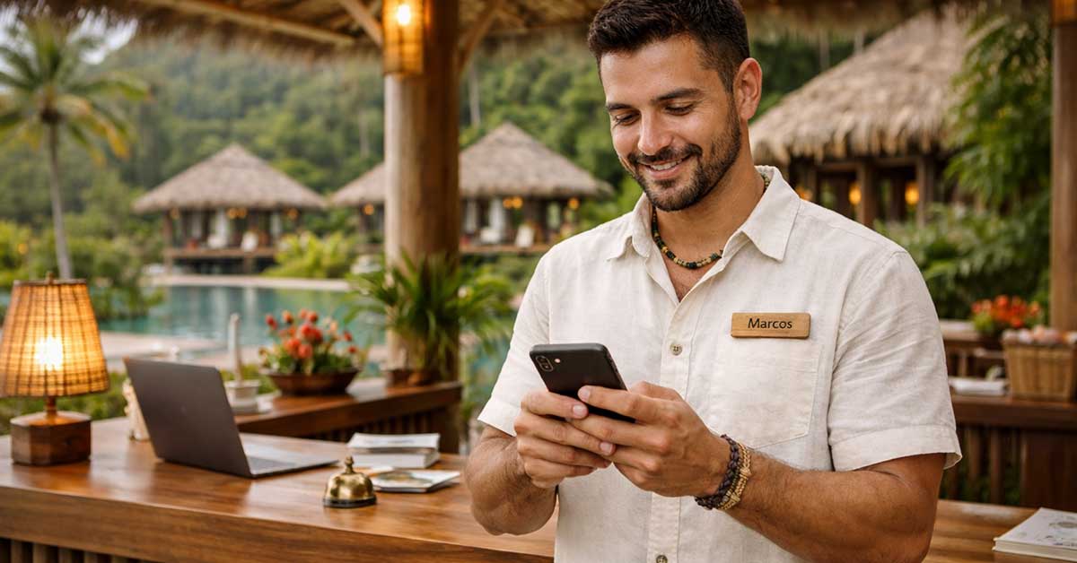 Recepcionista masculino usando celular no balcão de um resort tropical, com piscina e cabanas de madeira ao fundo, clima relaxante e ambiente de hotel de luxo.