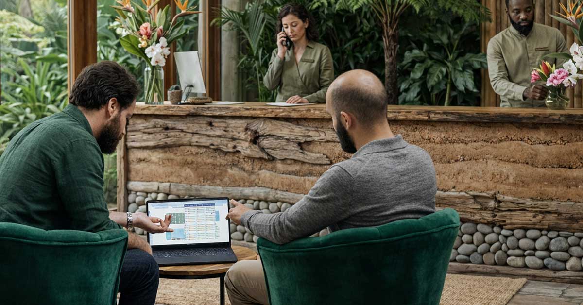 Profissionais analisando dados de reservas na recepção de um hotel com equipe de atendimento ao fundo